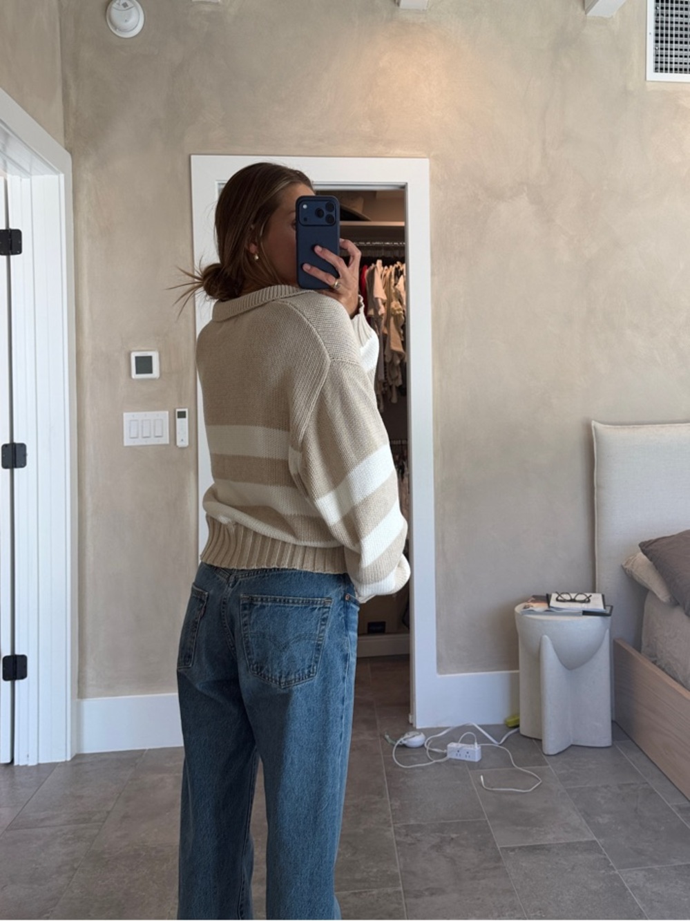 Quince Striped V-Neck Knit Sweater in Cream and White - Picture 4 of 4